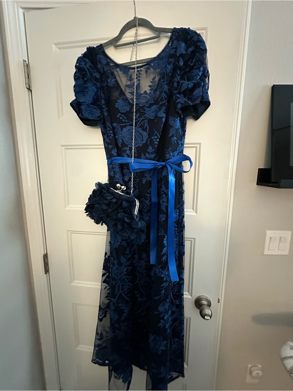 JS Collections Navy Blue Lace Dress with Sheer Floral Overlay with matching bag